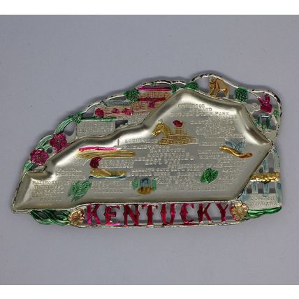 VTG State Souvenir KENTUCKY Gift MAP Figural Metal Ashtray Trinket Dish 1950s