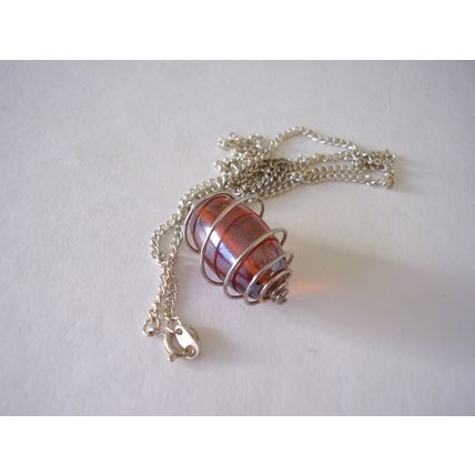 Vintage Necklace Caged Bead Pendant Silver-Plated Honey Brown Lustre Glass Retro