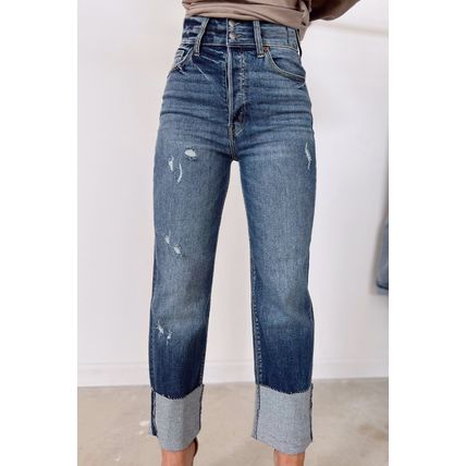 Blue High Waist Distressed Straight Leg Jeans