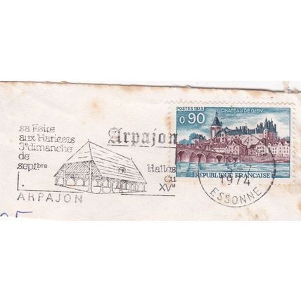Arpajon postmark + Slogan France 1974 on Chateau de Gien 0.90f discolour