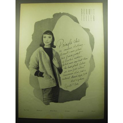 1958 Bonwit Teller Fashion Ad - Pringle Chic in mohair clothing