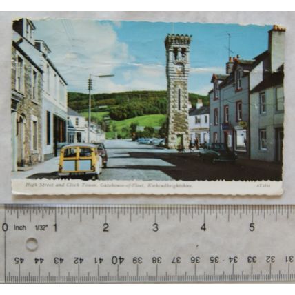 1970 postcard High St & Clock Tower Gatehouse of Fleet, Kirkcudbrightshire