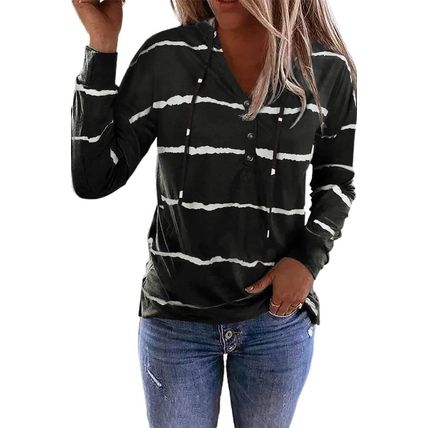 Black Striped Drawstring Button Long Sleeve Hoodie