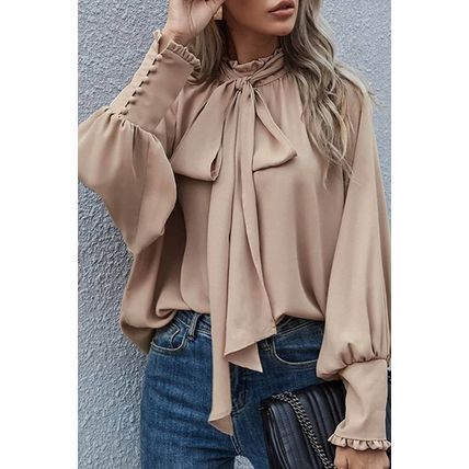 Khaki Frilled Knotted Mock Neck Bishop Sleeve Blouse