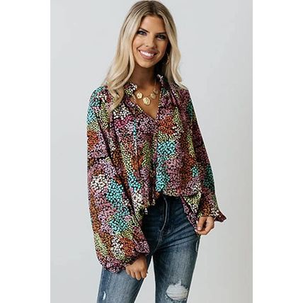Multicolor Vibrant Floral Tie V Neck Puff Sleeve Blouse