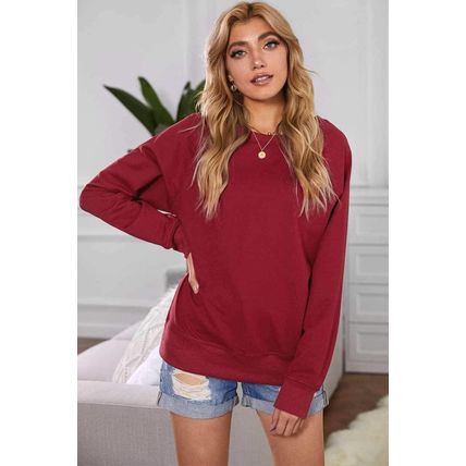 Wine Red Solid Crew Neck Pullover Sweatshirt