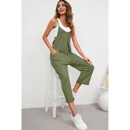 Green Pocketed Adjustable Spaghetti Strap Straight Leg Jumpsuit