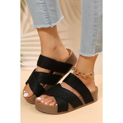 Black Linen Woven Cross Criss Hollowed Slip-On Slippers