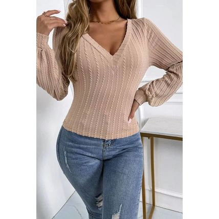 Khaki Knitted Jacquard V Neck Lantern Sleeve Top
