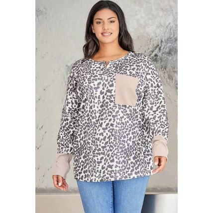 Leopard Plus Size Waffle Knit Patchwork Long Sleeve Henley Top