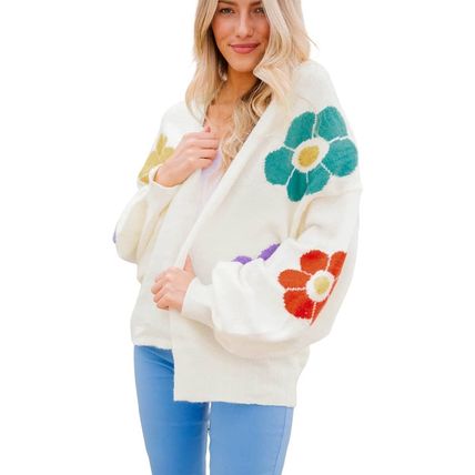 White Flower Jacquared Bubble Sleeve Open Cardigan