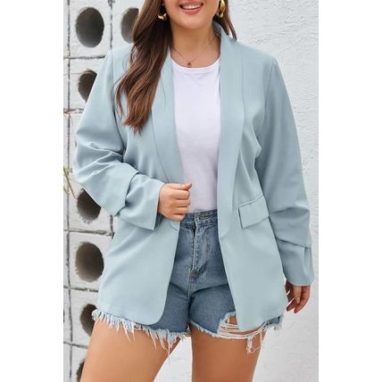 Sky Blue Plus Size Soft Lightweight Pocketed Lapel Blazer