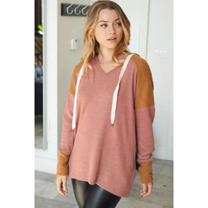 Brown Waffle Knit Patchwork Drawstring V Neck Hoodie
