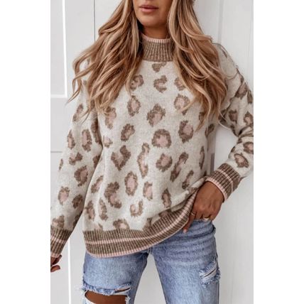 Brown Two-tone Ribbed Trim Contrast Leopard Sweater