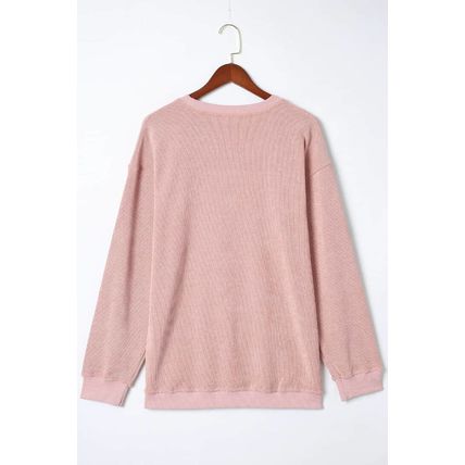 Pink Solid Ribbed Knit Round Neck Pullover Sweatshirt