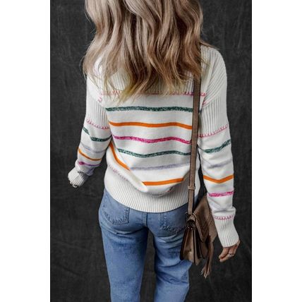 White Colorful Striped Ribbed Trim Sweater