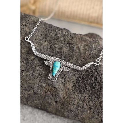 Light Blue Turquoise Steer Head Pendant Chain Necklace