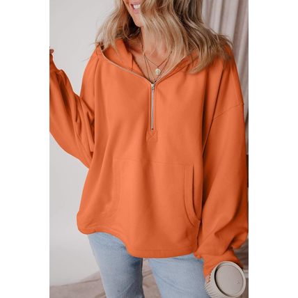 Orange Fleece Lined Half Zipper Kangaroo Pockets Loose Hoodie