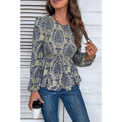 Sky Blue Boho Printed Balloon Sleeve Smocked Peplum Blouse