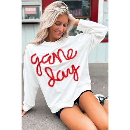 White Tinsel Game Day Drop Shoulder Graphic Sweatshirt