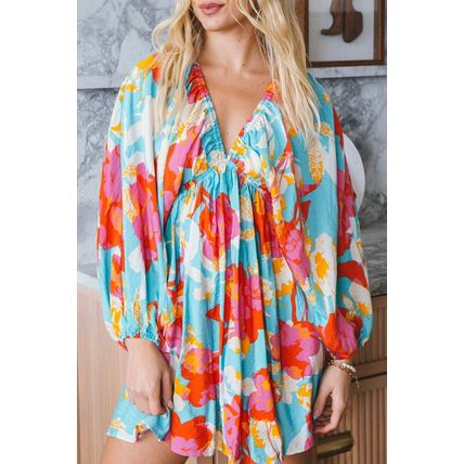 Sky Blue Floral Bracelet Sleeve Empire Waist Mini Dress