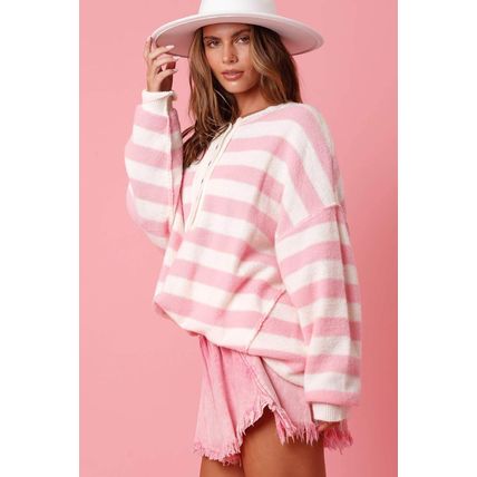 Pink Stripe Half Buttons Drop Shoulder Sweater