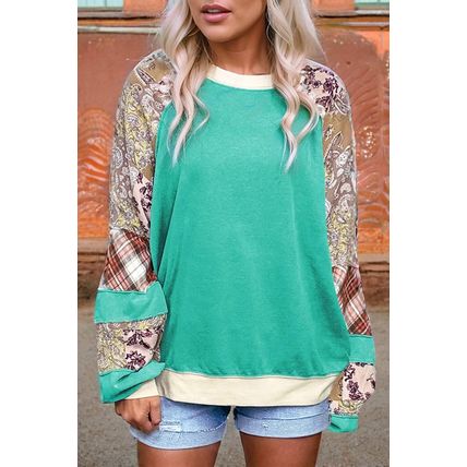 Aruba Blue Plaid Vintage Paisley Patchwork Long Sleeve Raglan Top