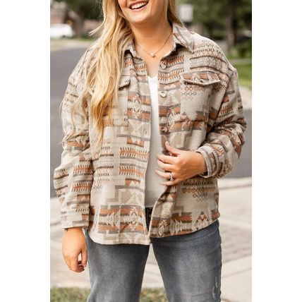 White Aztec Geometric Print Pockets Plus Size Jacket