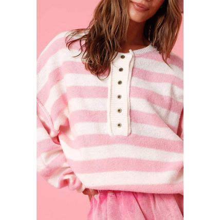 Pink Stripe Half Buttons Drop Shoulder Sweater