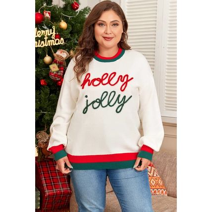 White Tinsel holly jolly Pattern Colorblock Edge Drop Shoulder Plus Size Sweater