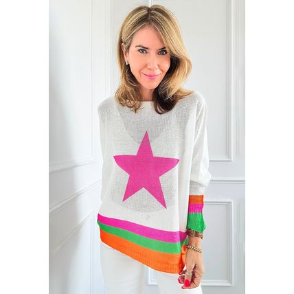 White Star Pattern Colorblock Striped Edge Drop Shoulder Sweater