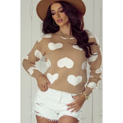 Khaki Contrast Heart Pattern Round Neck Sweater