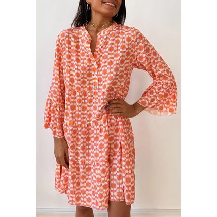Orange Floral Print Flounce Sleeve Buttoned Front Mini Dress