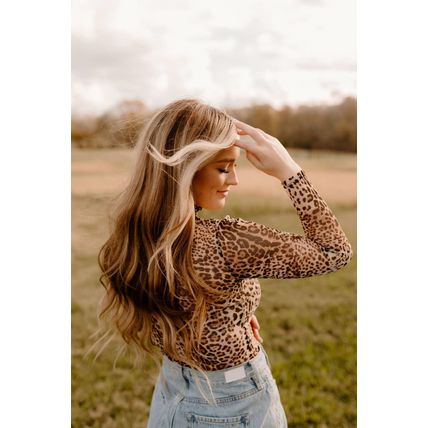Brown Leopard Smocked Neck Mesh Long Sleeve Bodysuit