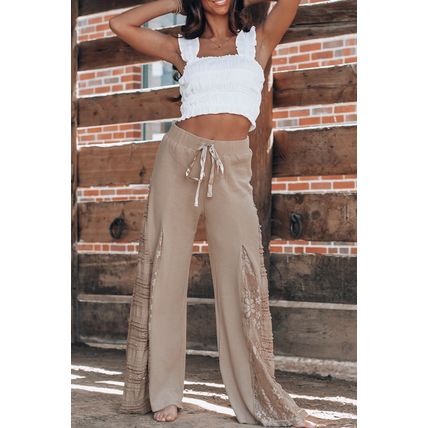 Smoke Gray Boho Lace Patchwork Wide Leg High Waist Pants