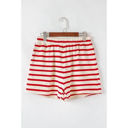 Red Stripe Lace-up Front Top and High Waist Shorts Set