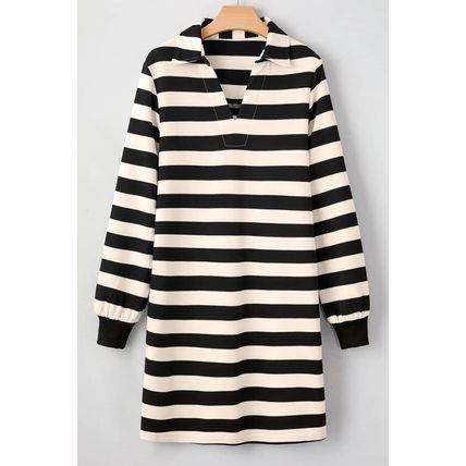 Black Stripe Collared V Neck Long Sleeve Loose Casual Dress