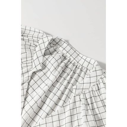 White Stripe Checkered Frilled V Neck Bracelet Sleeve Babydoll Dress