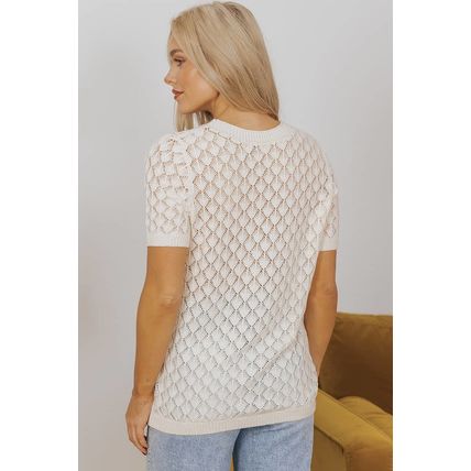 Beige Hollow Out Crochet O Neck Short Sleeve Sweater Tee