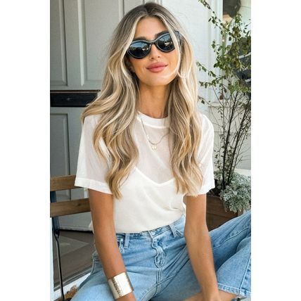 White Solid Color Sheer Mesh Patchwork Short Sleeve Top