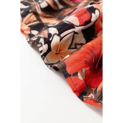Black Retro Floral Mixed Print Split Neck A-line Dress