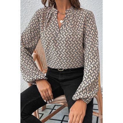 Khaki Geometric Print Notched Neck Puff Sleeve Blouse