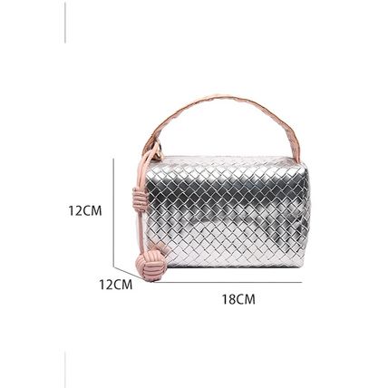 Silvery Lattice Texture Corded Ball Decor Weaven Handle Cosmetic Bag