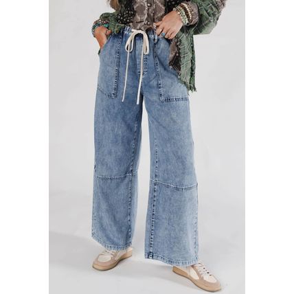 Ashleigh Blue Acid Wash Exposed Seam Drawstring High Waist Jeans