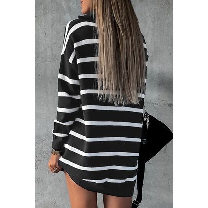 Black Striped/Solid O-ring Zip Collared Loose Sweater Mini Dress