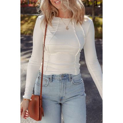 White Exposed Seam Ribbed Knit Slim Fit Long Sleeve Top