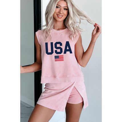 Light Pink USA Flag Graphic Tank Top and Skort Short Set