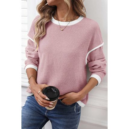 Light Pink Contrast Color Trim Knit Drop Shoulder Loose Top