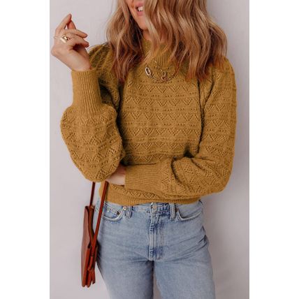 Jurassic Gold Hollow Out Crochet Ribbed Edge Balloon Sleeve Sweater