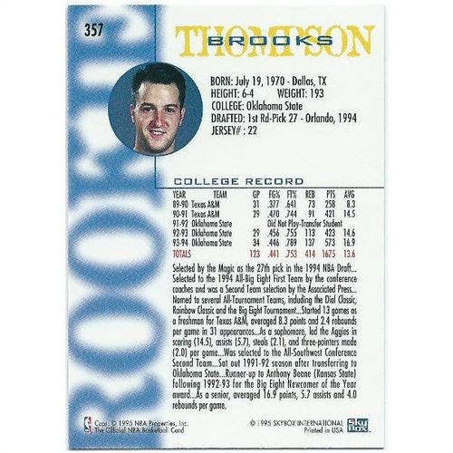1994-1995 Hoops - #357 - Brooks Thompson RC